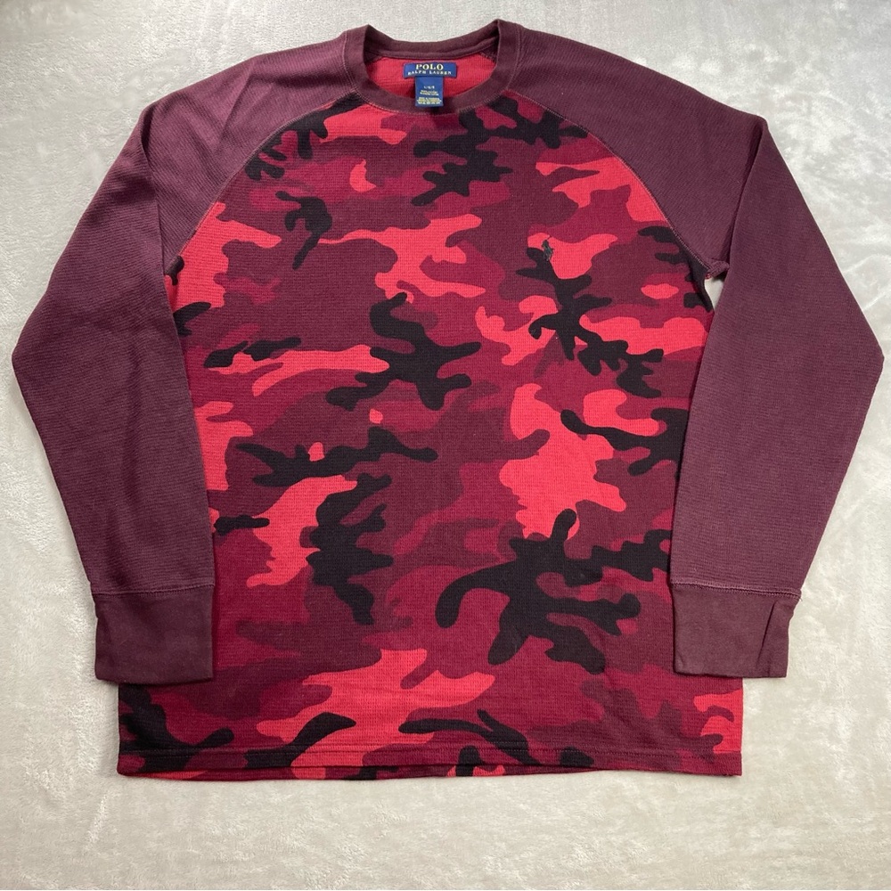 Polo Ralph Lauren Camo Waffle Knit Shirt Men L Red Black Pony Thermal